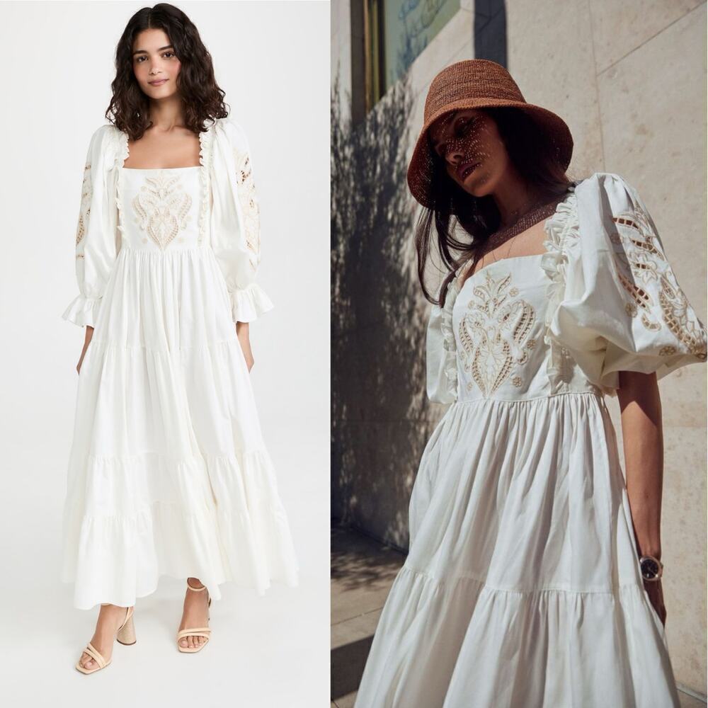 Lug Von Siga Daphne Embroidered Puff Sleeve Maxi Dress Off-White Size 34 FR/US 2